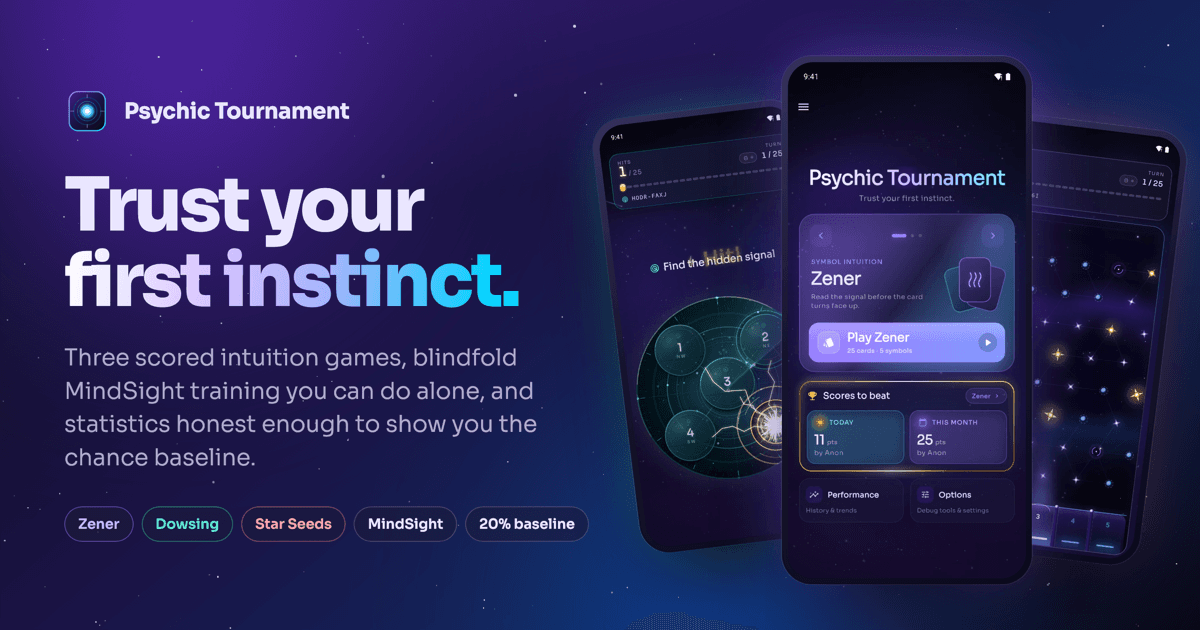 Psychic Tournament on three phones: the Dowsing sonar field, the main menu, and the Star Seed constellation, under the line “Trust your first instinct.”