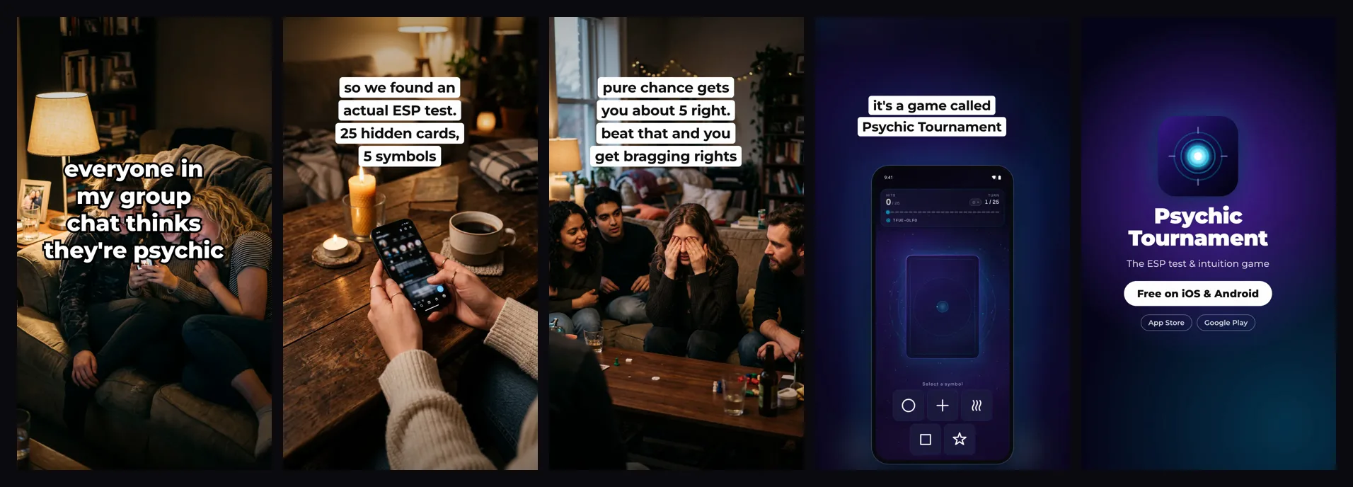 A five-slide PostQuake set for Psychic Tournament: “everyone in my group chat thinks they're psychic,” a two-slide story about 25 hidden cards and beating chance, a real screenshot of the Zener game, and a store card