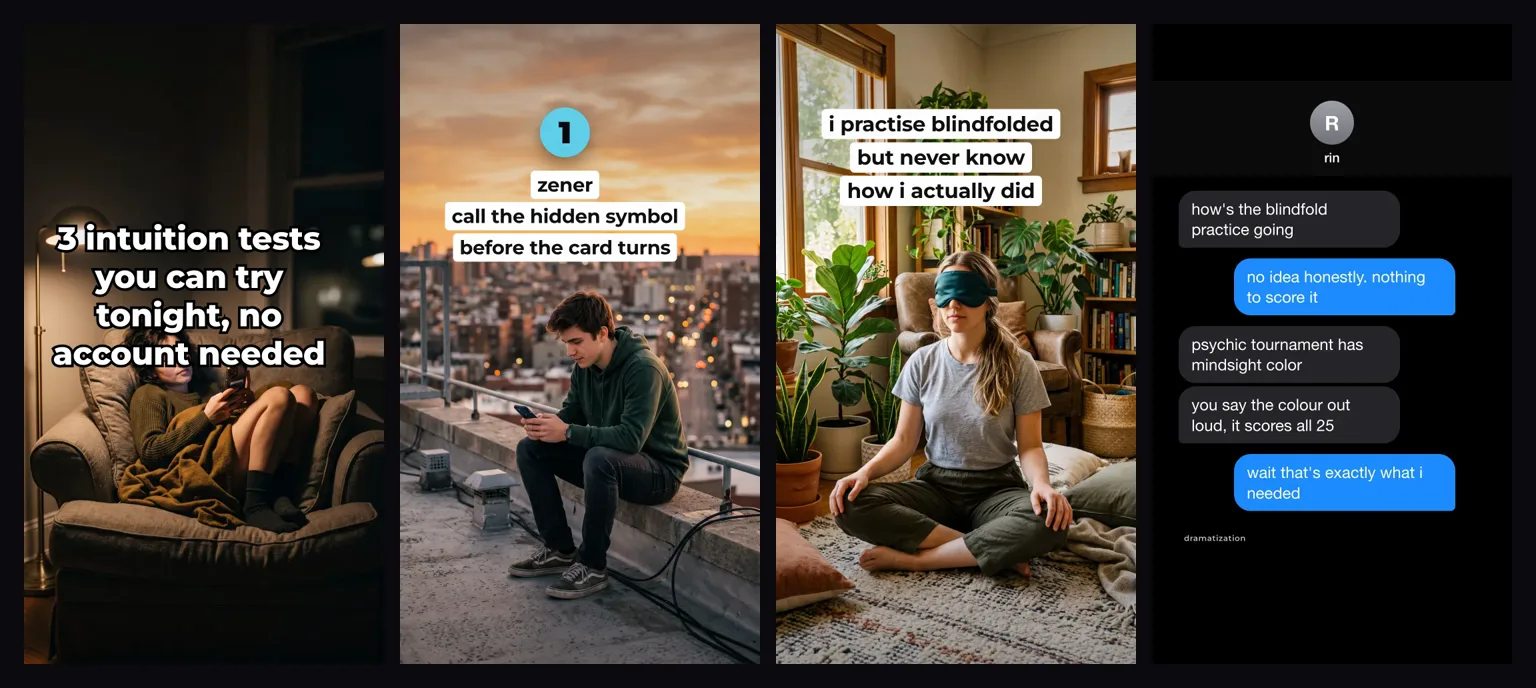 Slides from a listicle set (“3 intuition tests you can try tonight, no account needed”) and a before/after set (“i practise blindfolded but never know how i actually did”)