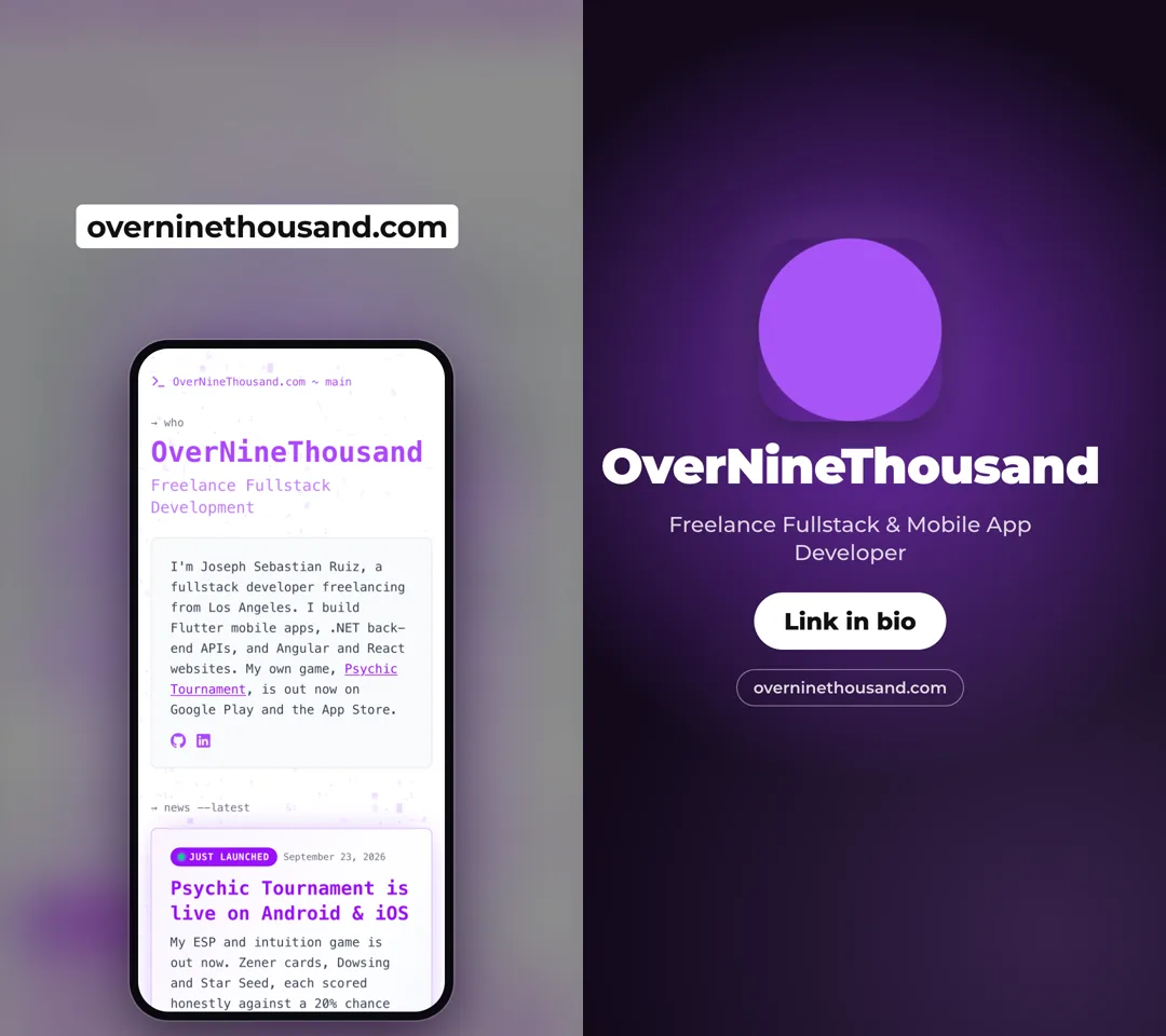 Two PostQuake slides for overninethousand.com: the site's real homepage in a phone frame under the caption “overninethousand.com”, and a closing card reading “OverNineThousand, Link in bio, overninethousand.com”